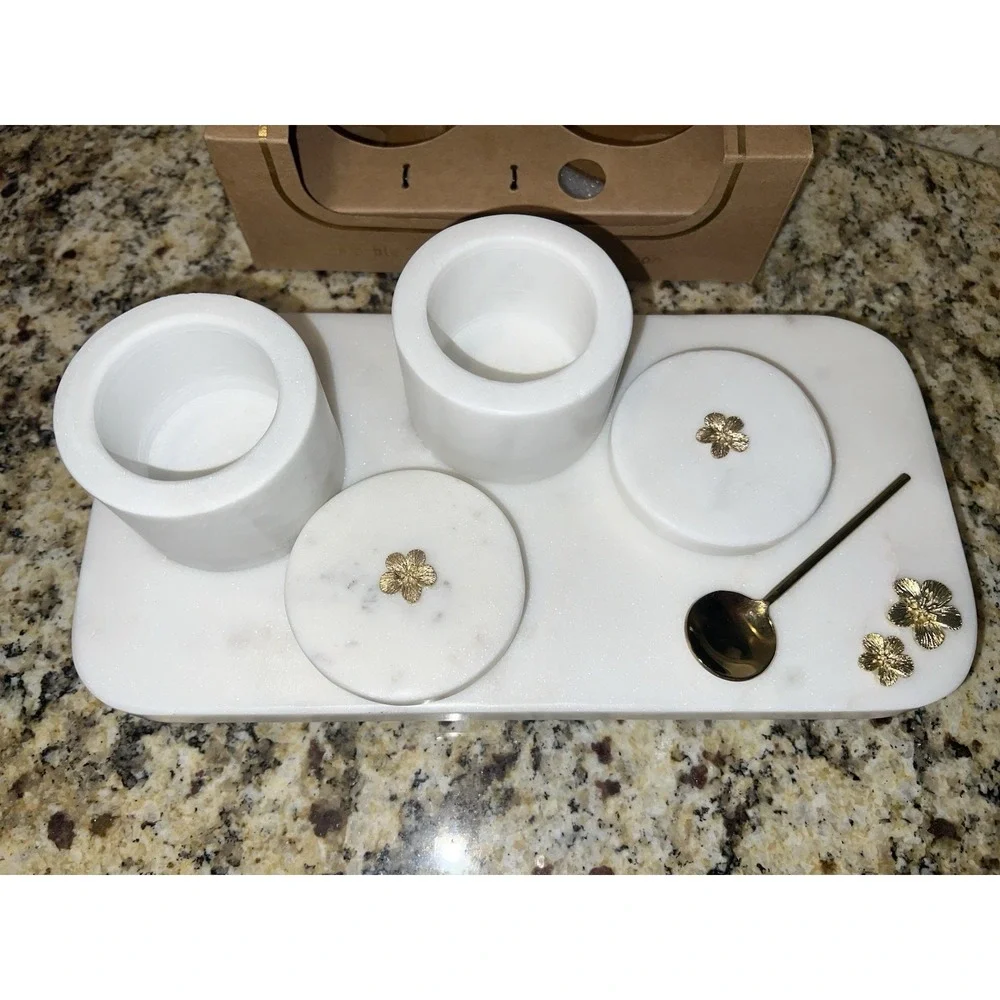 White Marble Salt And Pepper Cellar Set With Marble Base And Gold Spoon And Acce